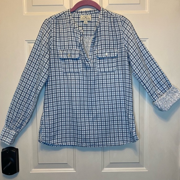 Lucky Brand Handcrafted Blues & White Plaid Blouse Top Pullover Sz Small - Picture 2 of 16
